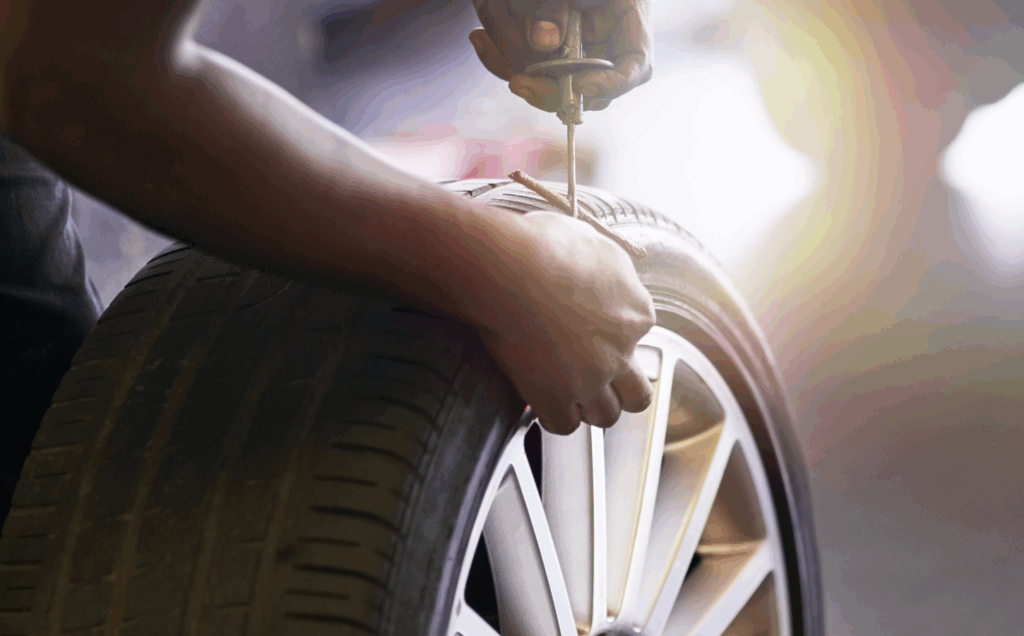 「この程度のパンクでレッカー?」って顔、こっちは毎日見てます。 3 タイヤ パンク 修理_ねじ込み式修理キットで簡単に修理している様子